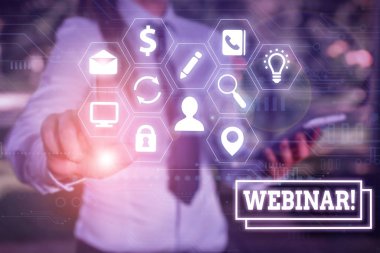 Webinar 'ı gösteren bir not yazıyorum. İş fotoğraflama semineri veya İnternet 'te yer alan diğer sunum türleri.