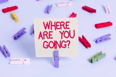 Kelime yazma metni Nereye Gidiyorsun Sorusu. İş konsepti birisine Renkli Çamaşır Mandalı 'na gideceği yeri sormak için kullanılır. Boş hatırlatıcı mavi zemin ofis broşu.