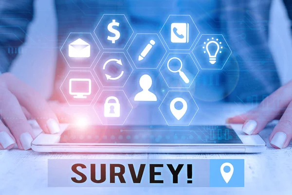 Text sign showing Survey. Conceptual photo research method used for collecting data from a predefined group. — Stock Photo, Image