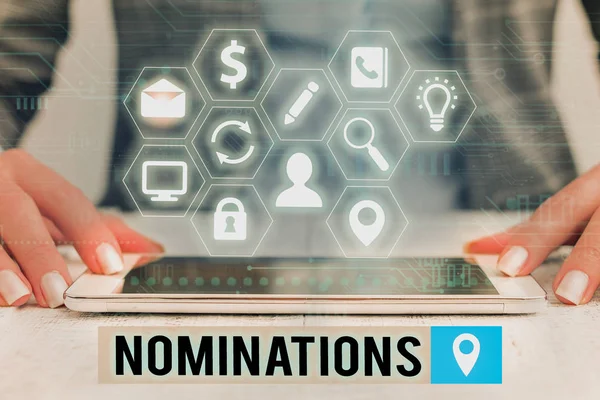 Text sign showing Nominations. Conceptual photo the act of officially suggesting someone for a job or position. — Stock Photo, Image
