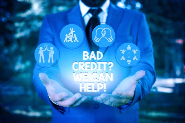 Writing note showing Bad Creditquestion We Can Help. Business photo showcasing offerr help to gain positive payment history. — Stock Photo, Image