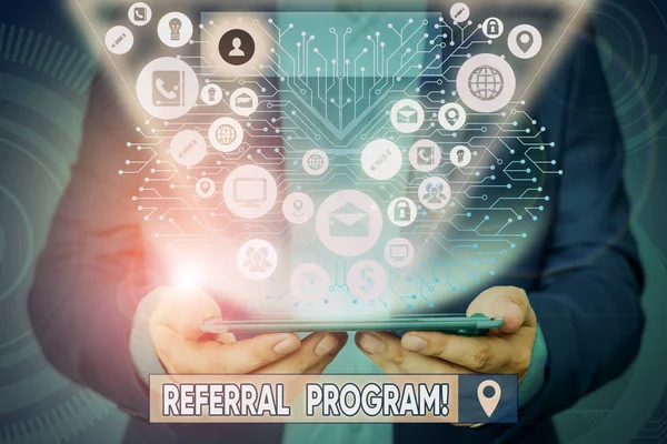 Text sign showing Referral Program. Conceptual photo internal recruitment method employed by organizations. — Stock Photo, Image