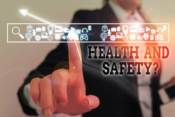 Schreibnotiz mit Gesundheits- und Sicherheitsfragen. Geschäftsfoto mit Vorschriften und Verfahren zur Vermeidung von Unfällen oder Verletzungen. — Stockfoto