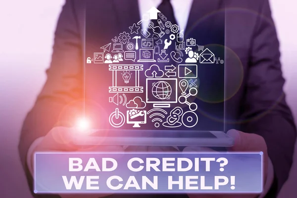 Text sign showing Bad Creditquestion We Can Help. Conceptual photo offerr help to gain positive payment history. — Stock Photo, Image