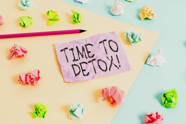 Writing note showing Time To Detox. Business photo showcasing when you purify your body of toxins or stop consuming drug Colored crumpled papers empty reminder blue yellow clothespin. — 스톡 사진