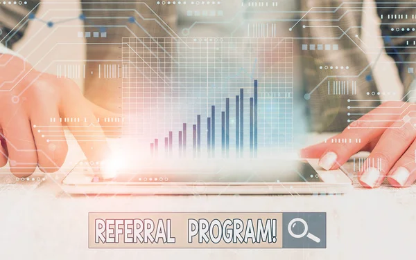 Writing note showing Referral Program. Business photo showcasing internal recruitment method employed by organizations. — Stock Photo, Image