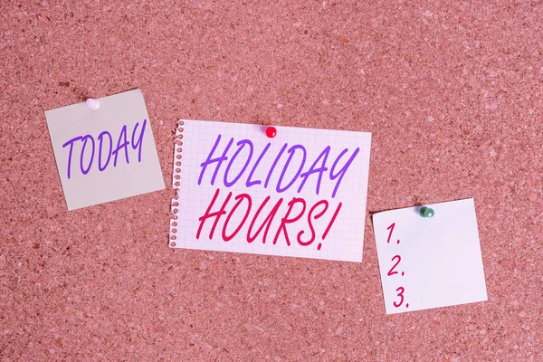 Text sign showing Holiday Hours. Conceptual photo Overtime work on for employees under flexible work schedules Corkboard color size paper pin thumbtack tack sheet billboard notice board. — Stock Photo, Image