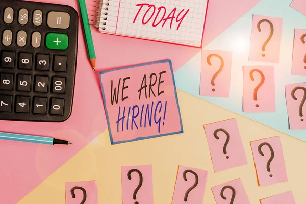 Word writing text We Are Hiring. Business concept for recently you employ someone or pay someone to do particular job Mathematics stuff and writing equipment above pastel colours background.