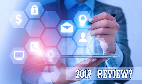 stock image Conceptual hand writing showing 2019 Review Question. Business photo text remembering past year events main actions or good shows.