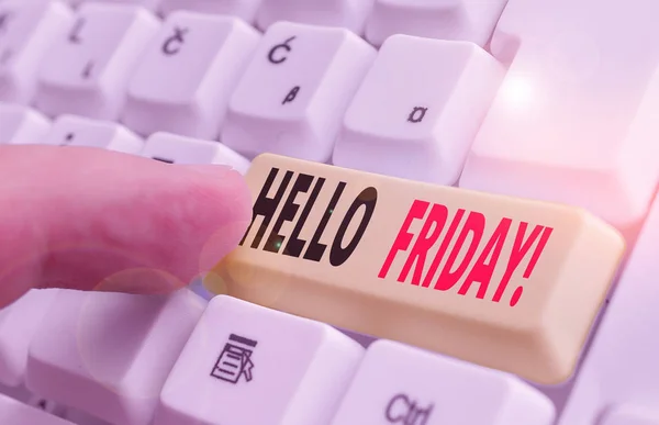 Writing note showing Hello Friday. Business photo showcasing used to express happiness from beginning of fresh week. — Stock Photo, Image