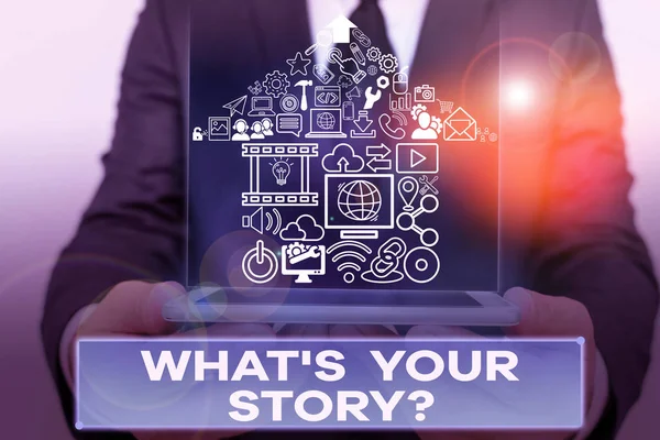 Znak tekstowy przedstawiający co S jest Twoje Storyquestion. Koncepcyjny fotoanaliner z prośbą o wykazanie o przeszłych wydarzeniach życiowych. — Zdjęcie stockowe