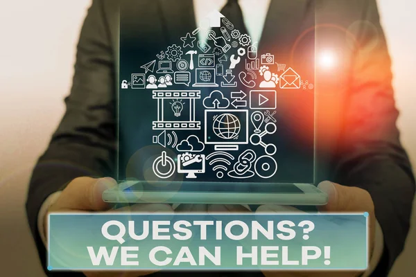 Signo de texto que muestra Questionsquestion Podemos ayudar. Foto conceptual que ofrece ayuda a aquellos que quieren saber . — Foto de Stock