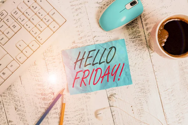 Handwriting text writing Hello Friday. Concept meaning used to express happiness from beginning of fresh week technological devices colored reminder paper office supplies keyboard mouse. — Stock Photo, Image