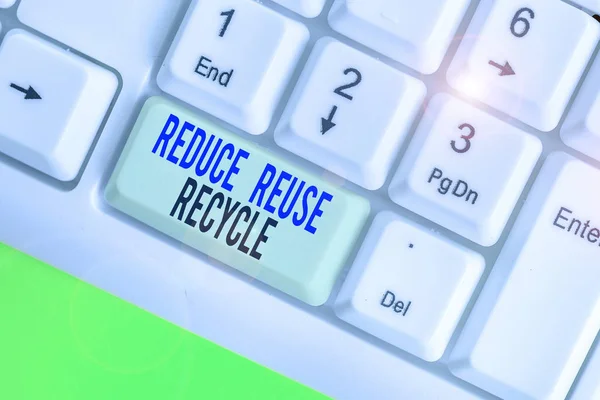 Znak tekstowy przedstawiający Zmniejsz ponowne wykorzystanie recyklingu. Koncepcyjne zdjęcie środowiskoodpowiedzialne zachowanie konsumenta. — Zdjęcie stockowe