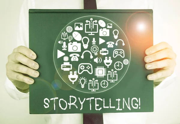 Schreibnotiz, die Storytelling zeigt. Geschäftliches Foto, das Aktivitäten zeigt, die Geschichten schreiben, um sie der Öffentlichkeit zu veröffentlichen. — Stockfoto