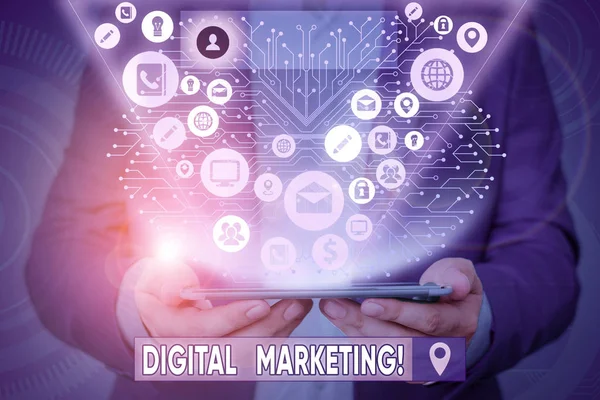 Signo de texto que muestra Marketing Digital. Productos o servicios conceptuales del mercado fotográfico que utilizan tecnologías en Internet . — Foto de Stock