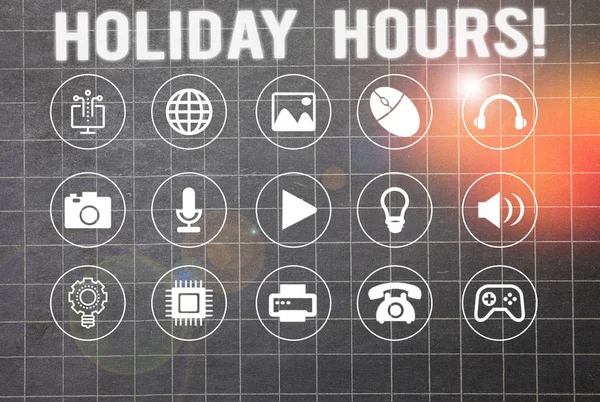 Writing note showing Holiday Hours. Business photo showcasing Overtime work on for employees under flexible work schedules.