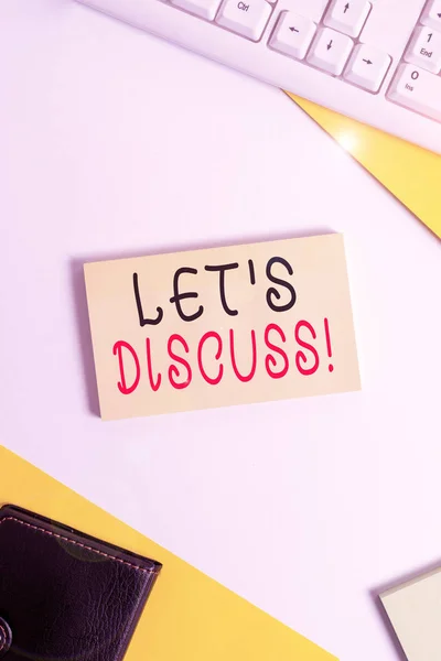 Handwriting text Let S Discuss. Concept meaning asking someone to talk about something with demonstrating or showing Flat lay above table with pc keyboard and copy space paper for text messages. — Stock Photo, Image