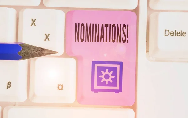 Word-nominaties voor tekst schrijven. Bedrijfsconcept voor de benoeming van Nominating Committee of staat genomineerd voor prijs. — Stockfoto