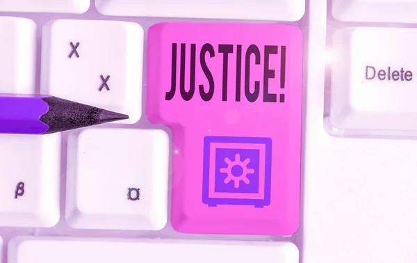 Word writing text Justice. Business concept for impartial adjustment of conflicting claims or assignments. — Stock Photo, Image