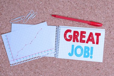 Writing note showing Great Job. Business photo showcasing used praising someone for something they have done well Desk notebook paper office paperboard study supplies chart.