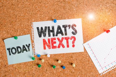 Text sign showing What S Next Question. Conceptual photo asking demonstrating about his coming actions or behaviors Corkboard color size paper pin thumbtack tack sheet billboard notice board. clipart