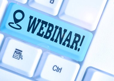 Kelime yazma metin Webinar. Internet üzerinde gerçekleşen seminer veya diğer sunum türleri için iş konsepti.