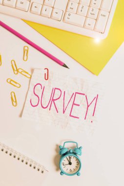 El yazısı Anketi. Konsept, önceden tanımlanmış bir gruptan veri toplamak için kullanılan araştırma metodu. Metin iletileri için kopyalama alanı olan beyaz boş kağıdın üzerinde yatıyordu..