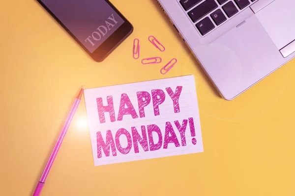 Word writing text Happy Monday. Business concept for telling that demonstrating order to wish him great new week Trendy open laptop smartphone marker paper sheet clips colored background. — Stock Photo, Image