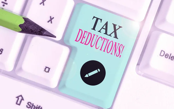 Writing note showing Tax Deductions. Business photo showcasing reduction income that is able to be taxed of expenses. — 스톡 사진