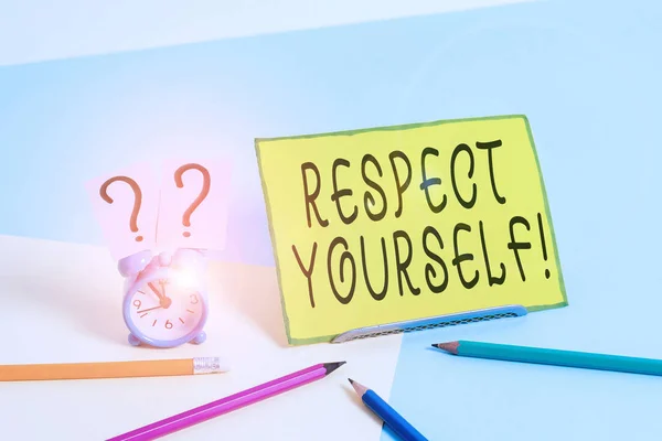 Conceptual hand writing showing Respect Yourself. Business photo text believing that you good and worthy being treated well Mini size alarm clock beside stationary on pastel backdrop. — 스톡 사진