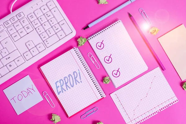 Writing note showing Error. Business photo showcasing state or condition of being wrong in conduct judgement or program Writing equipments and computer stuffs placed above colored plain table. — 스톡 사진