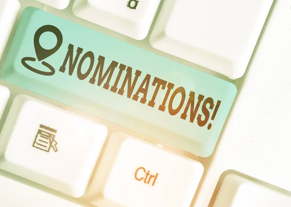 Word-nominaties voor tekst schrijven. Bedrijfsconcept voor de benoeming van Nominating Committee of staat genomineerd voor prijs. — Stockfoto