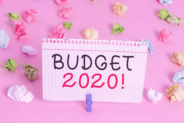 Schreiben Notiz mit Haushaltsplan 2020. Business-Foto zeigt Schätzung der Einnahmen und Ausgaben für das nächste oder aktuelle Jahr farbig zerknitterte Papiere leer Erinnerung rosa Boden Hintergrund Wäscheklammer. — Stockfoto