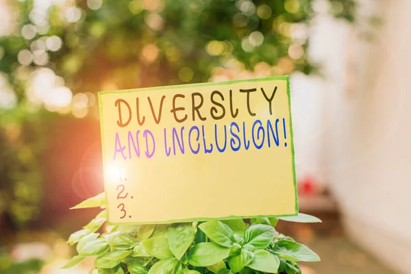 Writing note showing Diversity And Inclusion. Business photo showcasing range huanalysis difference includes race ethnicity gender Plain paper attached to stick and placed in the grassy land.