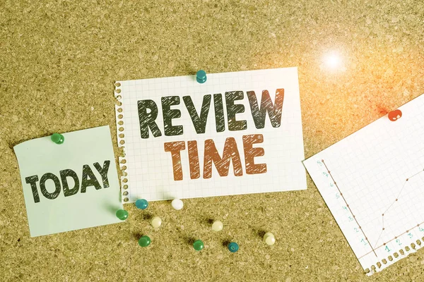 Text sign showing Review Time. Conceptual photo to think or talk about something again Set schedule to review Corkboard color size paper pin thumbtack tack sheet billboard notice board.