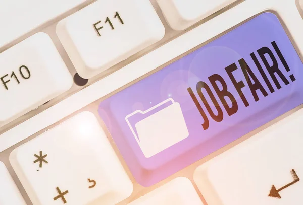 Sinal de texto mostrando Job Fair. Evento fotográfico conceitual em que os empregadores recrutadores dão informações aos funcionários . — Fotografia de Stock