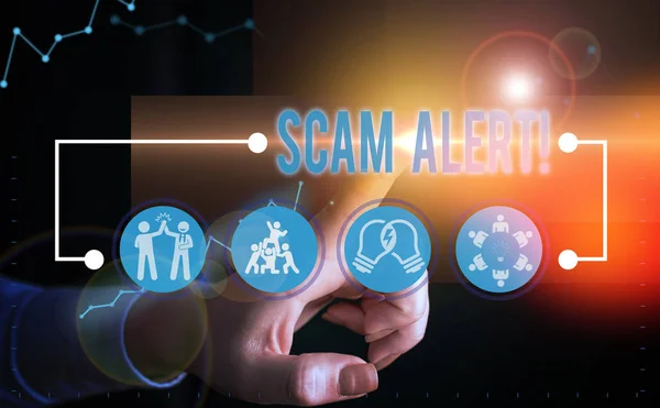 Znak tekstowy pokazujący alarm oszustwa. Pojęcie zdjęcia fałszywie uzyskać pieniądze od ofiary, przekonując go. — Zdjęcie stockowe