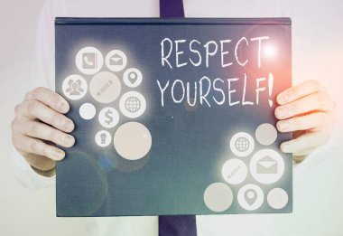 Kendine saygı duyduğunu gösteren kavramsal el yazısı. Sana iyi davranılması ve iyi davranılması gerektiğine inandığın iş fotoğrafı sergisi..