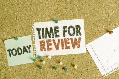 Teftiş Zamanı 'nı gösteren metin işareti. Bir sistemin kavramsal fotoğraf incelemesi veya resmi incelemesinde Corkboard renk boyutu kağıt raptiye raptiyesi bilbboard uyarı tahtası.