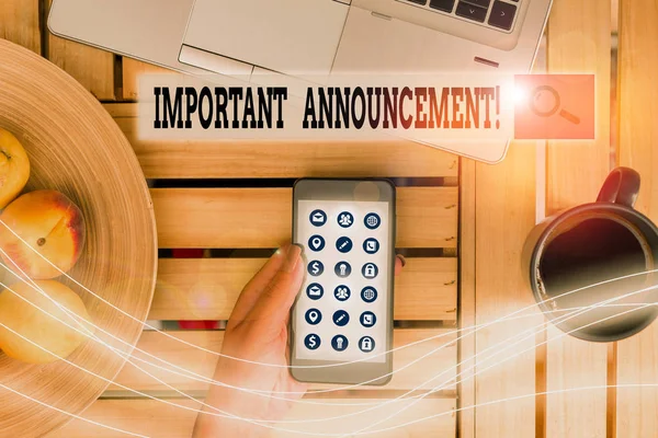 Handwriting text Important Announcement. Concept meaning spoken statement that tells showing about something. — Stock Photo, Image