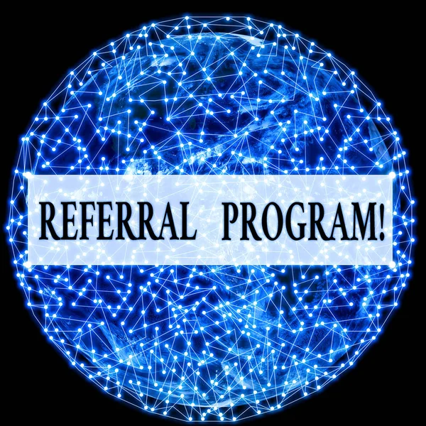Conceptual hand writing showing Referral Program. Business photo text internal recruitment method employed by organizations Elements of this image furnished by NASA. — Stock Photo, Image