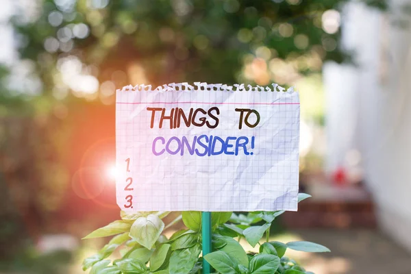 Handschrift tekst Dingen om te overwegen. Concept betekent nadenken over iets zorgvuldig om te beslissen Plain leeg papier bevestigd aan een stok en geplaatst in de groene bladplanten. — Stockfoto