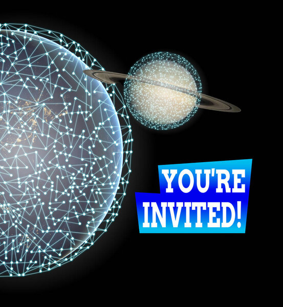 Текст для написания слов Вы повторно пригласили. Бизнес-концепция для того, чтобы сделать дружелюбную просьбу к кому-то пойти куда-нибудь Элементы этого изображения предоставлены НАСА
.