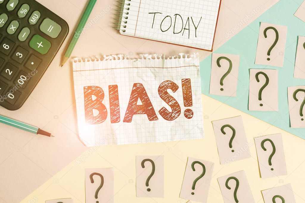 Conceptual hand writing showing Bias. Business photo showcasing inclination or prejudice for or against one demonstrating group Mathematics stuff and writing equipment on pastel background.