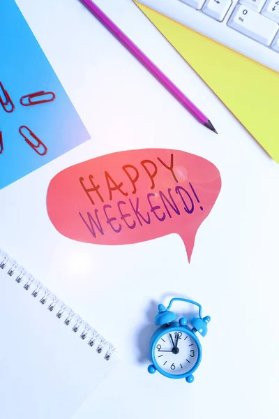 Writing note showing Happy Weekend. Business photo showcasing something nice has happened or they feel satisfied with life Red bubble copy space paper on the table with clock.
