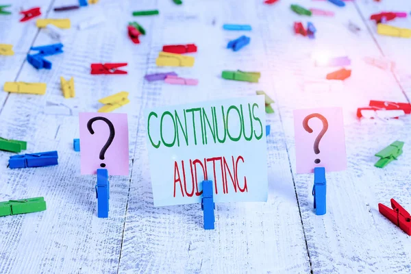 Text sign showing Continuous Auditing. Conceptual photo Internal process that examines accounting practices Scribbled and crumbling sheet with paper clips placed on the wooden table. — Stock Photo, Image