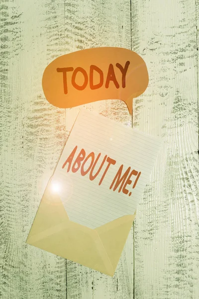 Text sign showing About Me. Conceptual photo telling someone list of your good and bad traits and past events Front view open envelop speech bubble paper sheet lying wooden background.