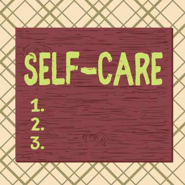 Kişisel Bakım 'ın el yazısı. Kavram, kişinin kendi sağlığını geliştirmek için harekete geçmesi anlamına gelir. Kendi sağlık meydanı dikdörtgeni. Gerçek olmayan tahta karikatür. Renkli duvara çivilenmiş tahta..