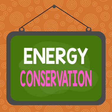 El yazısı Energy Conservation. Kavram, bir süreçte tüketilen enerji miktarının azaltılması anlamına gelir Asimetrik düzensiz biçimli şekil nesne ana hatları çok renkli tasarım.